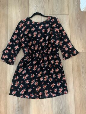 Divided Black Dress with Coral Floral Print